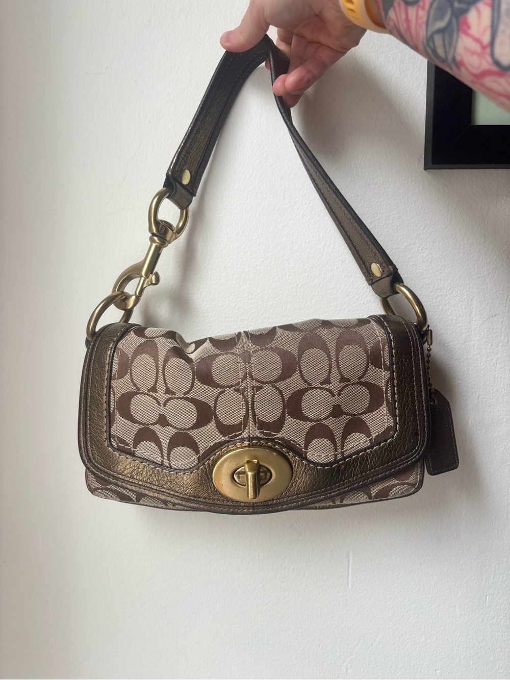 Coach Metallic Trim Signature Shoulder Bag in Brown and Gold
